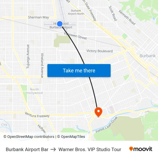 Burbank Airport Bar to Warner Bros. VIP Studio Tour map
