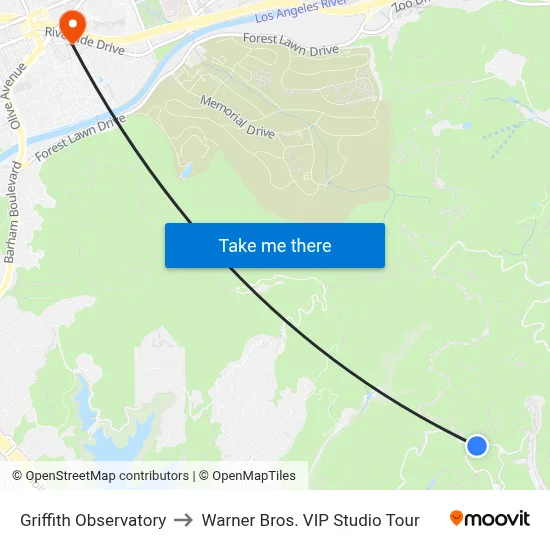 Griffith Observatory to Warner Bros. VIP Studio Tour map