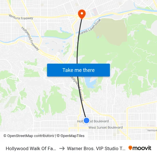 Hollywood Walk Of Fame to Warner Bros. VIP Studio Tour map