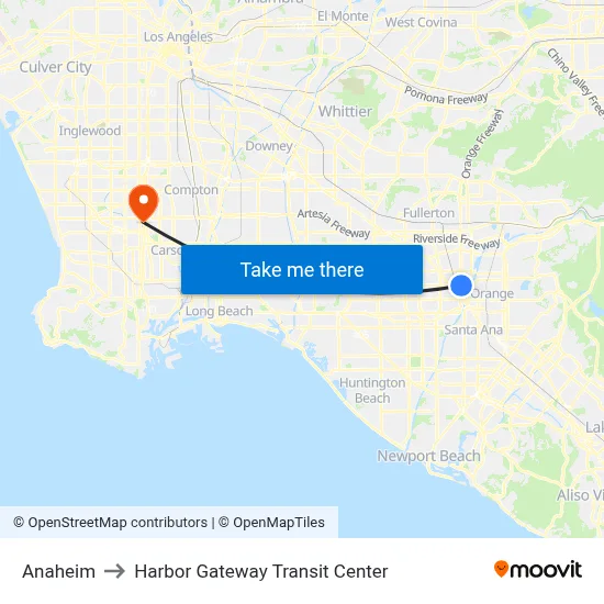 Anaheim to Harbor Gateway Transit Center map