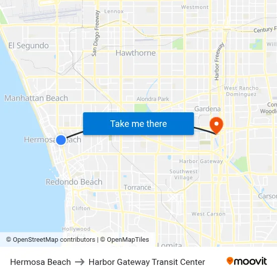 Hermosa Beach to Harbor Gateway Transit Center map