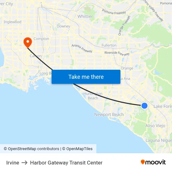 Irvine to Harbor Gateway Transit Center map