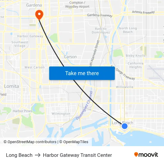 Long Beach to Harbor Gateway Transit Center map