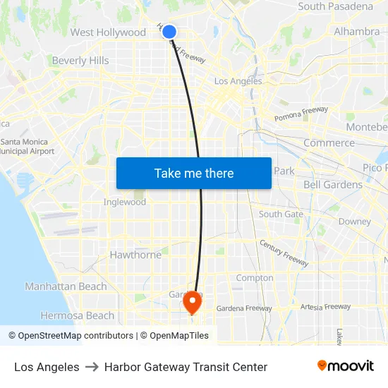 Los Angeles to Harbor Gateway Transit Center map