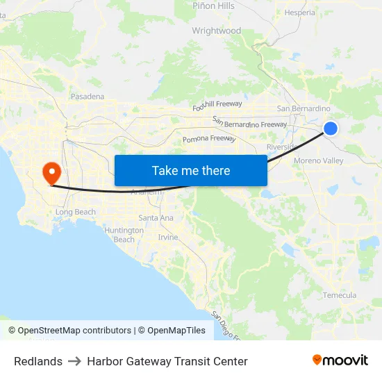 Redlands to Harbor Gateway Transit Center map