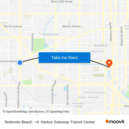 Redondo Beach to Harbor Gateway Transit Center map