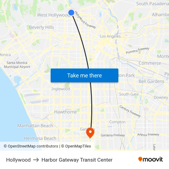 Hollywood to Harbor Gateway Transit Center map