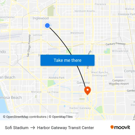 Sofi Stadium to Harbor Gateway Transit Center map