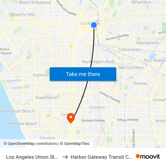 Los Angeles Union Station to Harbor Gateway Transit Center map