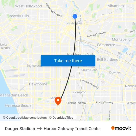 Dodger Stadium to Harbor Gateway Transit Center map