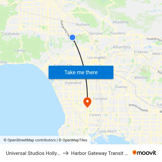 Universal Studios Hollywood to Harbor Gateway Transit Center map