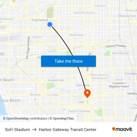 SoFi Stadium to Harbor Gateway Transit Center map