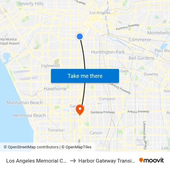 Los Angeles Memorial Coliseum to Harbor Gateway Transit Center map