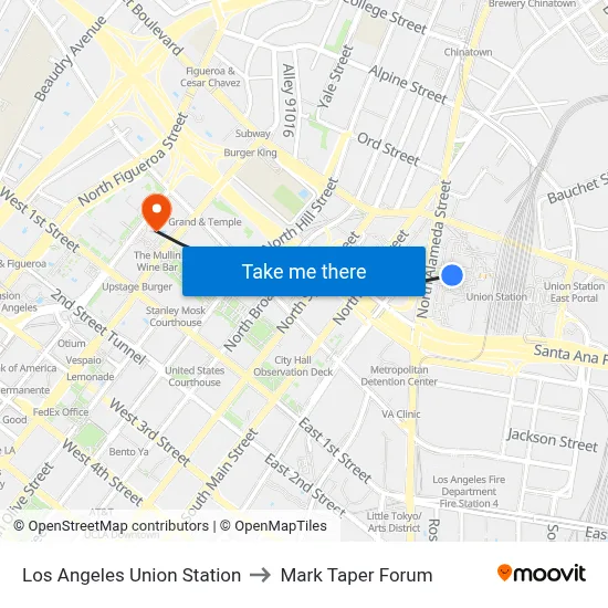 Los Angeles Union Station to Mark Taper Forum map