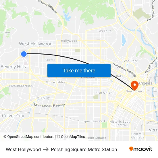 West Hollywood to Pershing Square Metro Station map