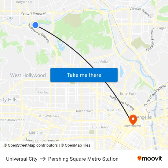 Universal City to Pershing Square Metro Station map