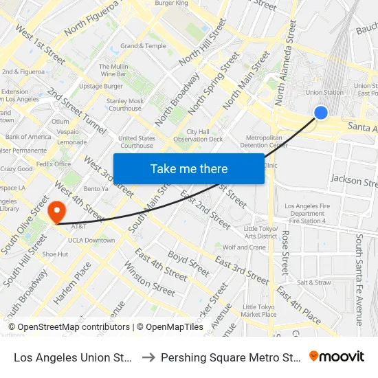 Los Angeles Union Station to Pershing Square Metro Station map