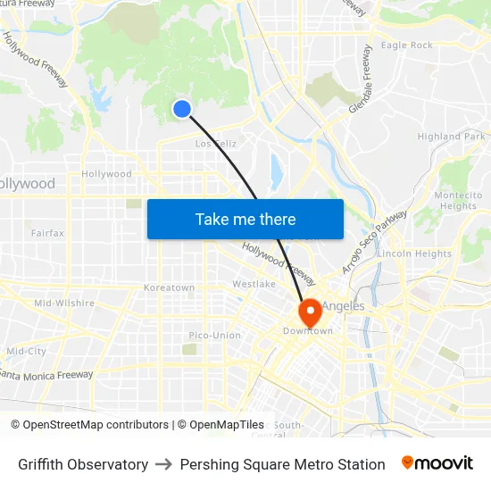 Griffith Observatory to Pershing Square Metro Station map