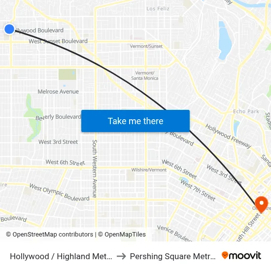 Hollywood / Highland Metro Station to Pershing Square Metro Station map
