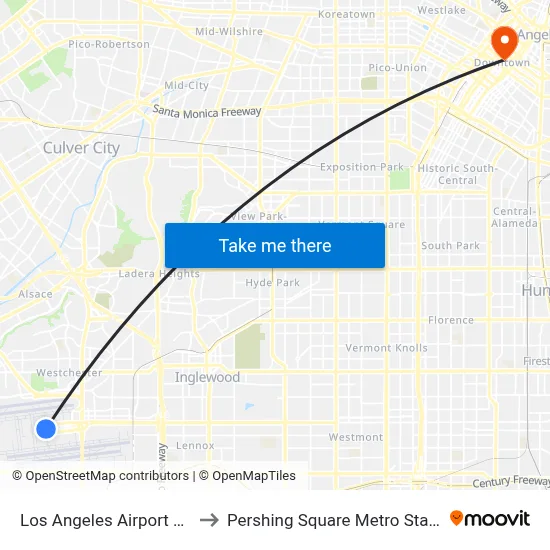Los Angeles Airport LAX to Pershing Square Metro Station map