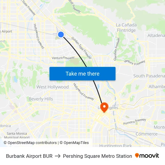 Burbank Airport BUR to Pershing Square Metro Station map