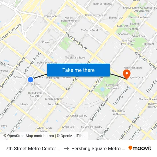 7th Street Metro Center Station to Pershing Square Metro Station map