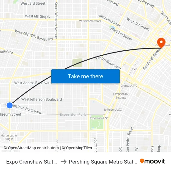 Expo Crenshaw Station to Pershing Square Metro Station map