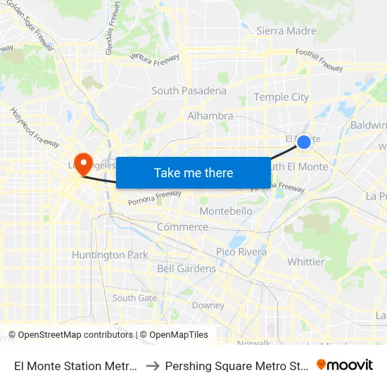 El Monte Station Metrolink to Pershing Square Metro Station map