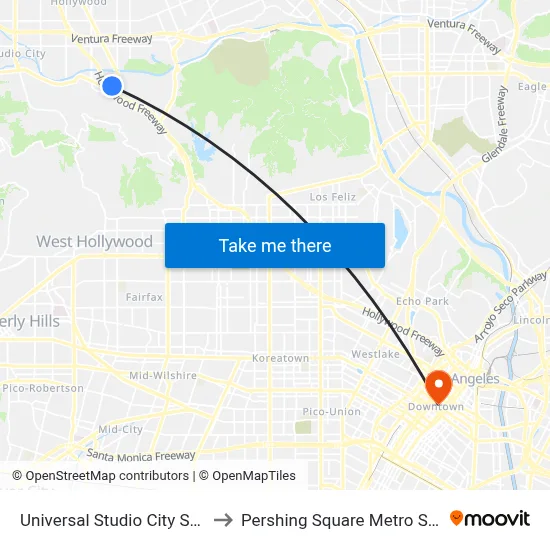 Universal Studio City Station to Pershing Square Metro Station map
