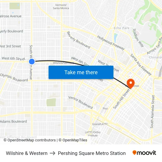 Wilshire & Western to Pershing Square Metro Station map