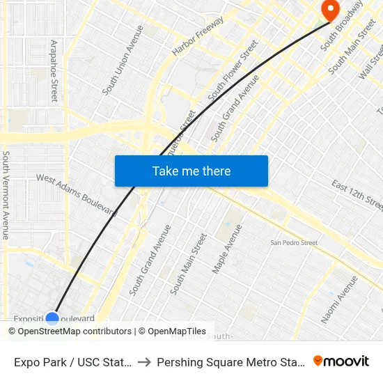 Expo Park / USC Station to Pershing Square Metro Station map