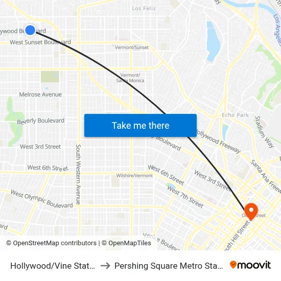 Hollywood/Vine Station to Pershing Square Metro Station map