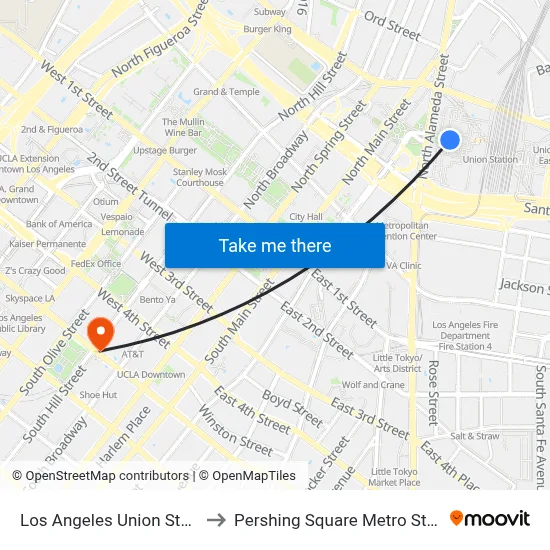 Los Angeles Union Station to Pershing Square Metro Station map