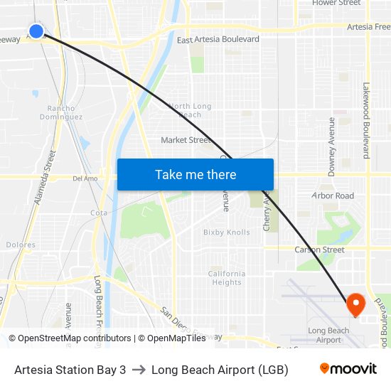 Artesia Station Bay 3 to Long Beach Airport (LGB) map