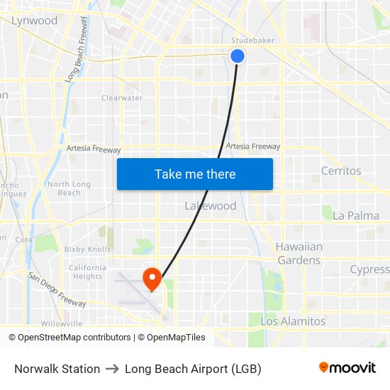 Norwalk Station to Long Beach Airport (LGB) map