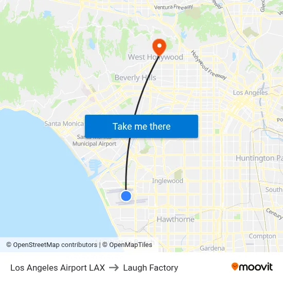Los Angeles Airport LAX to Laugh Factory map