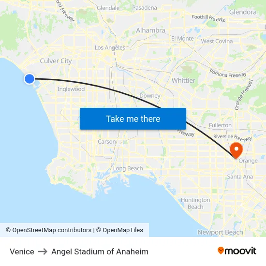 Venice to Angel Stadium of Anaheim map
