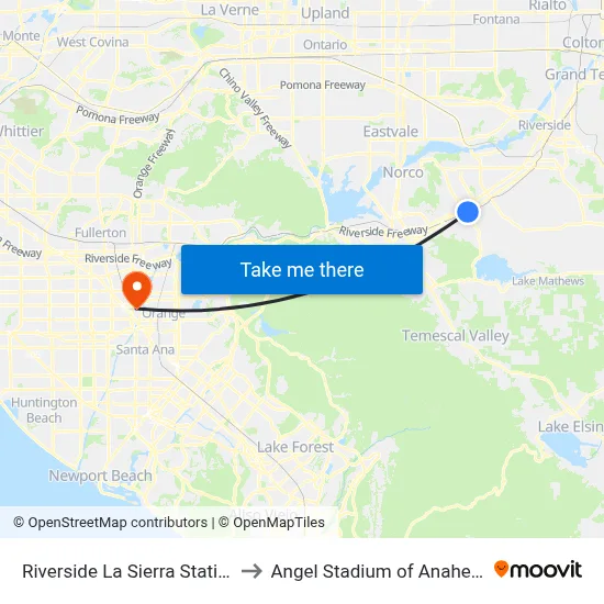 Riverside La Sierra Station to Angel Stadium of Anaheim map