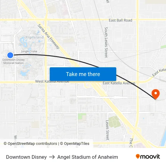 Downtown Disney to Angel Stadium of Anaheim map