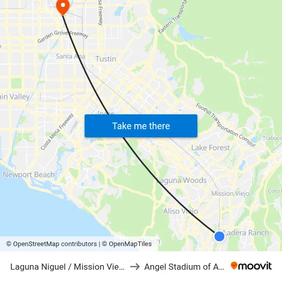 Laguna Niguel / Mission Viejo Station to Angel Stadium of Anaheim map