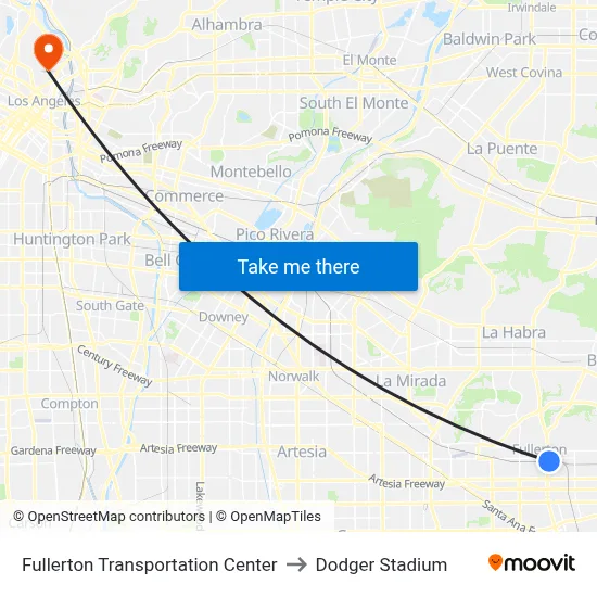 Fullerton Transportation Center to Dodger Stadium map