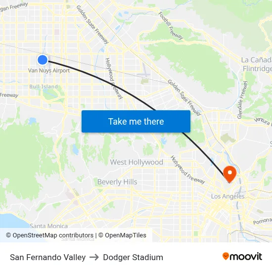 San Fernando Valley to Dodger Stadium map