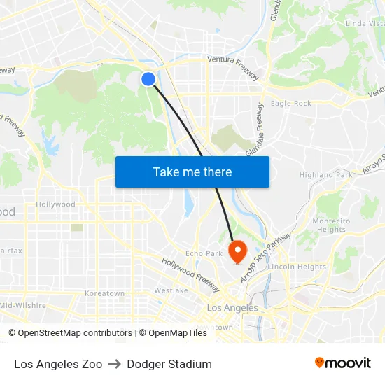 Los Angeles Zoo to Dodger Stadium map