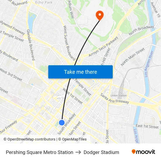 Pershing Square Metro Station to Dodger Stadium map