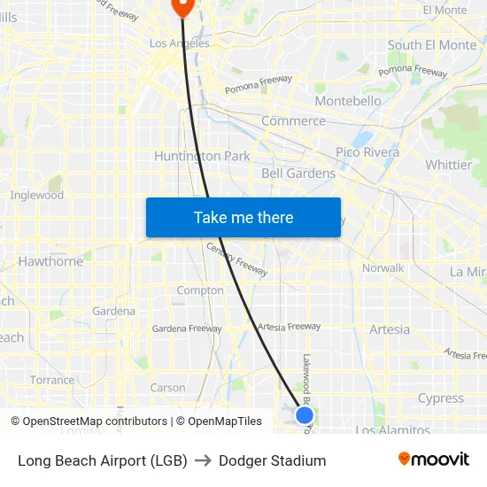 Long Beach Airport (LGB) to Dodger Stadium map