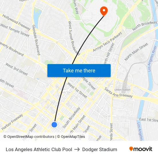 Los Angeles Athletic Club Pool to Dodger Stadium map
