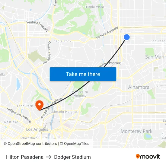 Hilton Pasadena to Dodger Stadium map