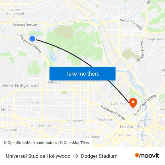 Universal Studios Hollywood to Dodger Stadium map