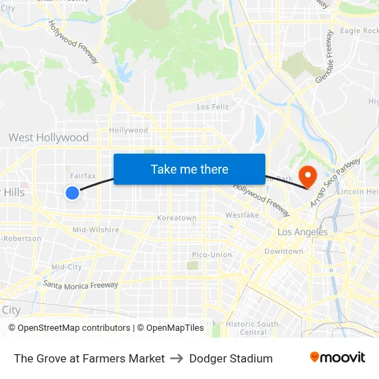 The Grove at Farmers Market to Dodger Stadium map