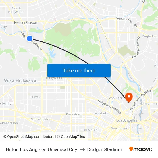 Hilton Los Angeles Universal City to Dodger Stadium map